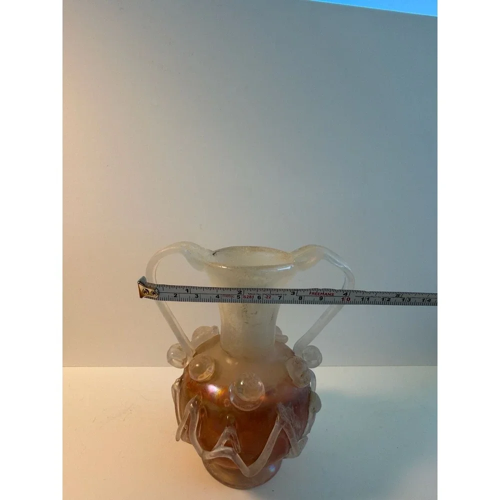 Vintage Murano Scavo Iridescent Art Glass‎ Vase w/Crimp Handles 5